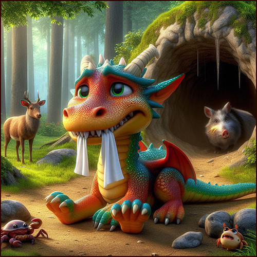 Bild vom Drachen Finn, der mit Zahnschmerzen vor seiner Höhle sitzt.